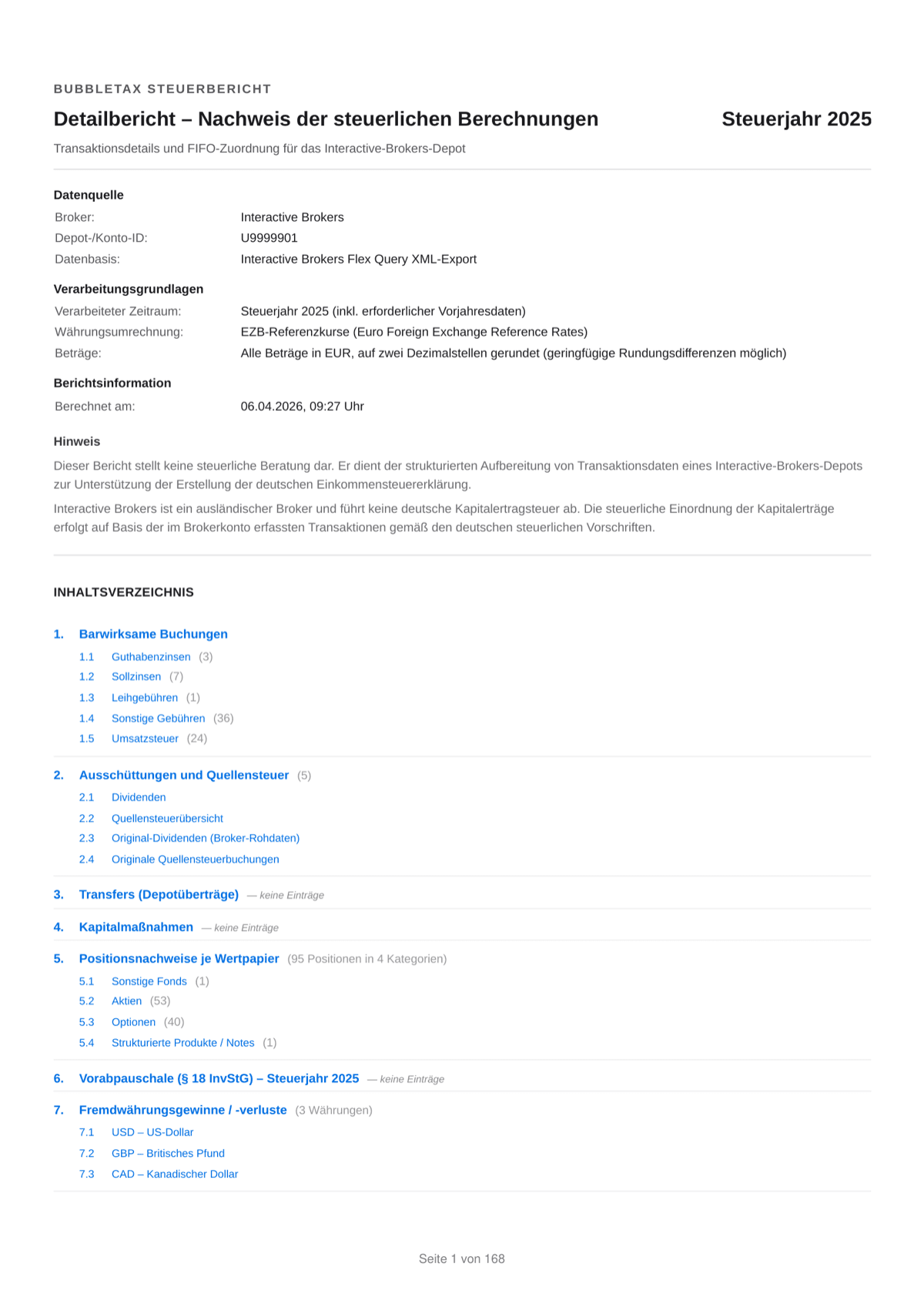 BubbleTax Detailbericht mit Einzelnachweis pro Trade
