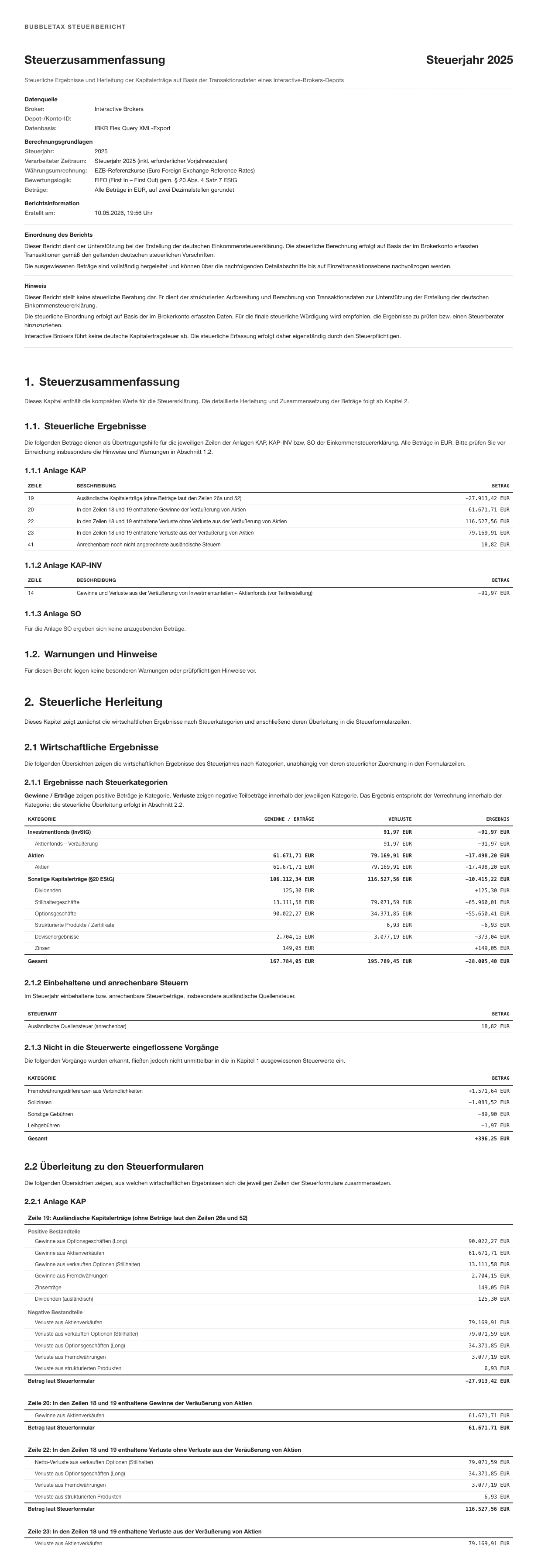 BubbleTax Steuerreport für die Interactive Brokers Steuererklärung mit FIFO-Berechnung, Anlage KAP Werten und Transaktionsdetails